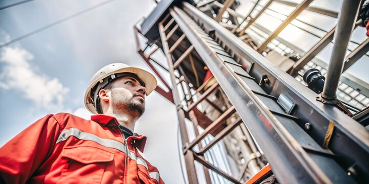 Focused Engineer Operating a Crane on an Oil Rig. A diligent engineer in a bright orange safety suit and hard hat is seen operating a heavy-duty crane on an oil rig.