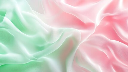 Obraz premium Light pink and green flowing chiffon fabric texture. Bright summer banner, material, photorealistic abstract background. AI generation