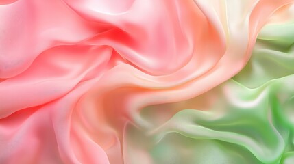 Obraz premium Light pink and green flowing chiffon fabric texture. Bright summer banner, material, photorealistic abstract background. AI generation