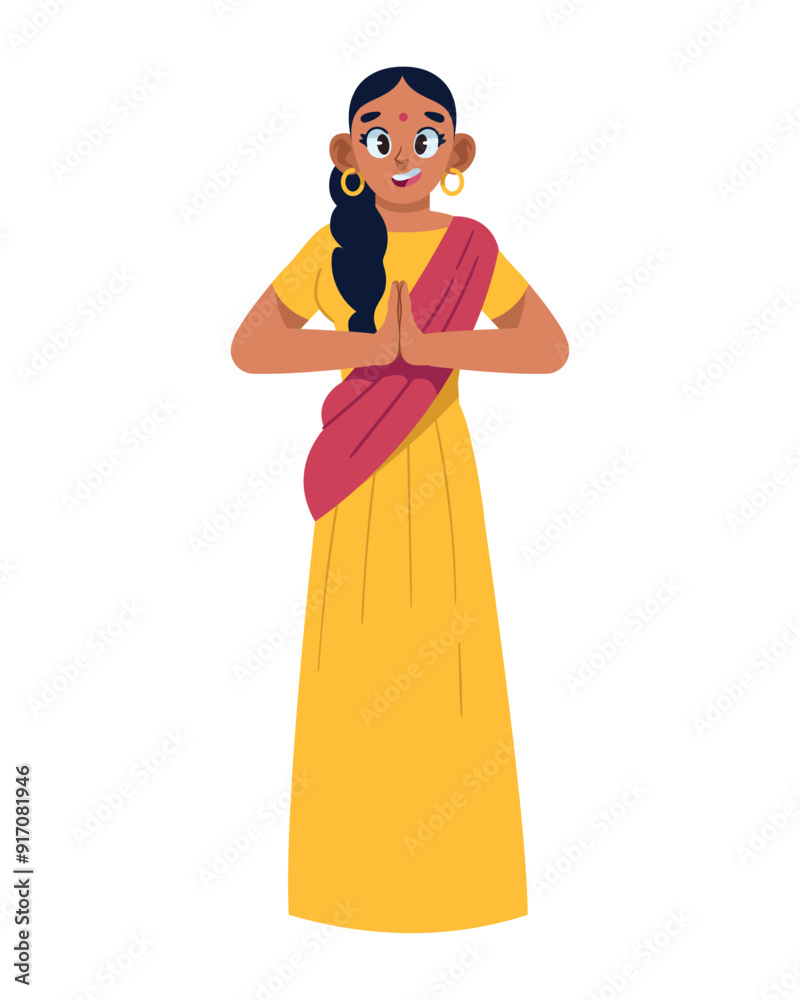 Poster smiling indian woman making in a namaste gesture