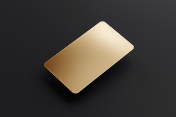 A mockup of a gold business card or credit card floating against a black background