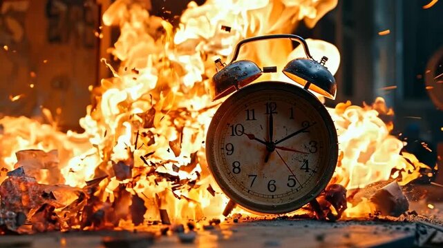 An alarming clock bursts into flames, surrounded by vibrant fire and debris, capturing a moment of chaos and intensity