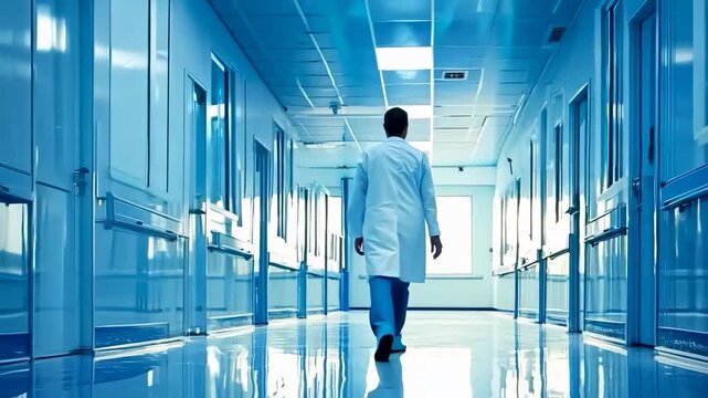 A healthcare professional strolls down a tranquil blue-lit corridor, reflecting commitment and calmness in a medical environment