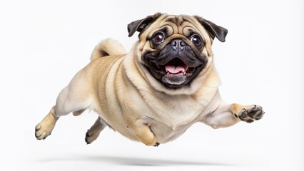 Adorable overweight pug dog leaps into air, ears flapping, tongue out, joyful expression, isolated on pure white background, showcasing playful canine personality in mid-air action.