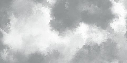 Abstract white and gray isolated cloud cumulus clouds. Gray aquarelle painted realistic fog or mist smoky textured canvas design. White and ash messy wall stucco texture background.