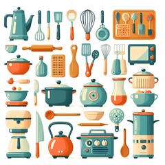 Kitchenware set graphic elements in flat design. Bundle of kettle, ladle, spoon, fork, frying pan, mug, board, bowl, knife, rolling pin, spatula and other utensil. Illustration isolated objects
