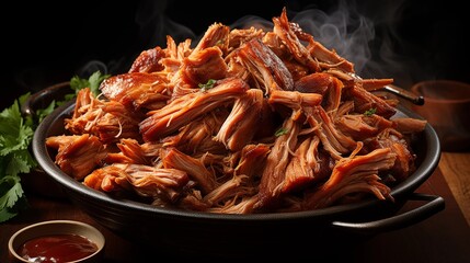 Pulled pork, close-up highlighting the tender textures, front view from above, studio lighting, white background.