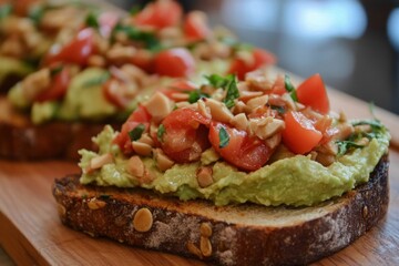 Delicious avocado hummus toast topped with fresh tomatoes and herbs