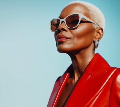 Close up portrait of elegant and glamorous mature African-American woman, wearing red leather jacket, copy space