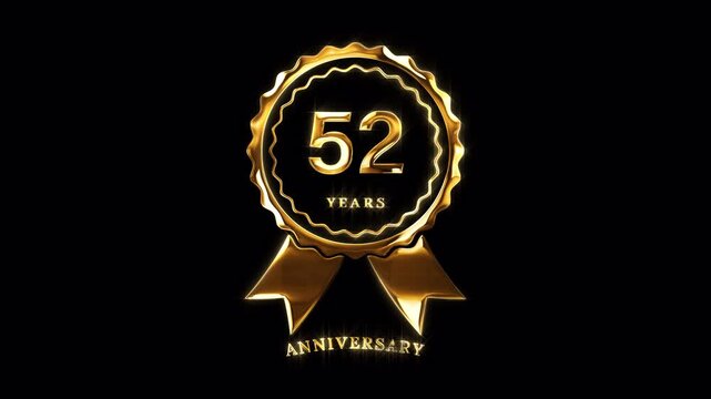 52nd Anniversary Celebration. Happy 52 Years Anniversary Animation in Gold Color on the Transparent Background, Alpha Channel. Great for greetings, celebrations, events, and gifts.