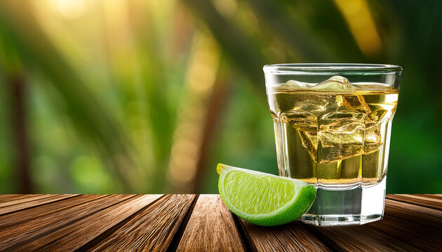 COPO DE CACHA&Ccedil;A BRASILEIRA SOBRE MESA DE MADEIRA R&Uacute;STICA TEXTURIZADA COM UM FUNDO DESFOCADO TROPICAL 