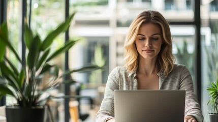Professional female employee or a businesswoman using a laptop in a modern office. Copy space