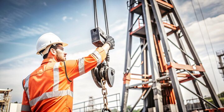 Oil Rig Worker Inspecting Equipment. An oil rig worker in an orange safety suit and hard hat is shown working on the equipment of an oil rig against a cloudy sky backdrop.