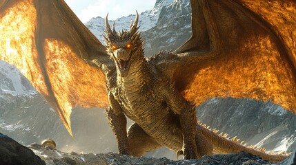 Obraz premium Majestic Dragon Guardian: A Stunning Poster for Sports Interiors Featuring a Terrifying Dragon with Glowing Eyes and Shimmering Scales Overlooking Its Treasure in a Grand Mountain Landscape