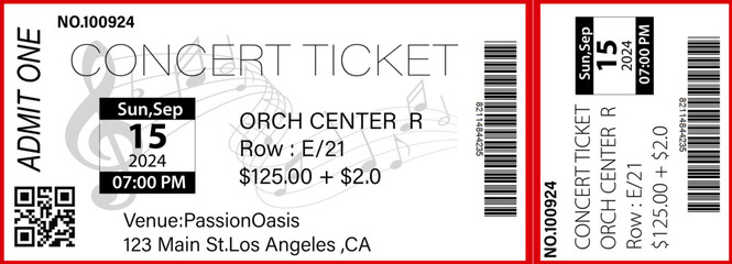 Sample concert ticket with realistic look and date information（red）, vector illustration