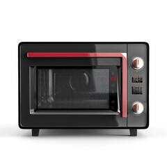 Obraz premium Modern black microwave with red trim on white background.