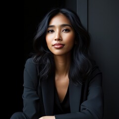 Fototapeta premium Businesswoman in a stylish black suit posing in a modern office setting