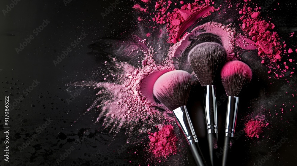 Wall mural makeup brushes with pink powder burst on black