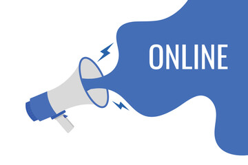 online button, banner, label, template for website. online text with colorful megaphone icon
