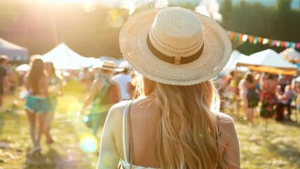 A young woman gazes at the colorful festival atmosphere, filled with laughter, dancing, and the joy of summer celebrations under the sun