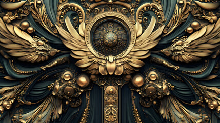 1. An intricately designed gold illustration featuring hyperrealistic details, reminiscent of the 1920s era.