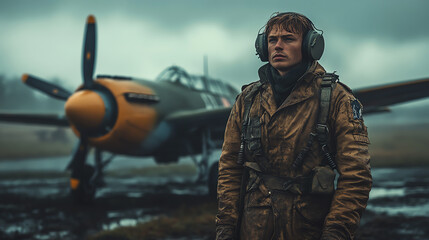 Naklejka premium A determined pilot stands ready near a vintage aircraft, dressed in historical military attire under a dramatic sky.