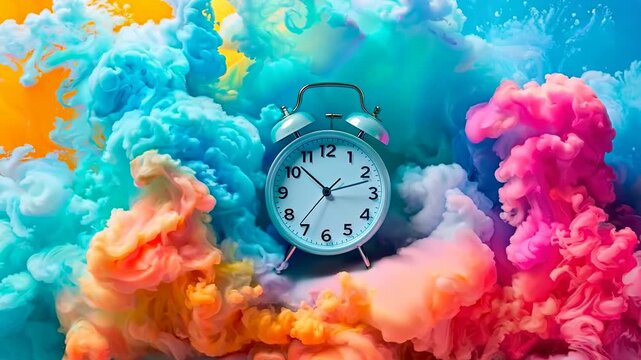 A clock mesmerizes as it stands amidst a swirling symphony of vibrant colors, blending and dancing in a breathtaking display at a creative moment