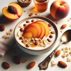 Generative AI  A bowl of peach yogurt garnished with sliced almonds and a drizzle of honey, offering a delightful blend of flavors.
