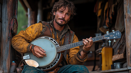 A man playing the banjo outdoors, showcasing a rustic, country lifestyle with a warm and inviting atmosphere.