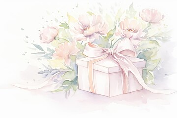 A beautiful watercolor illustration of a gift box adorned with flowers, perfect for celebrations and special occasions.