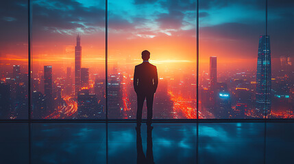 Fototapeta premium A silhouette of a businessman gazing at a vibrant city skyline at sunset, representing ambition and future possibilities.