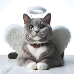 Generative AI  A charming cat with angel wings and a white 