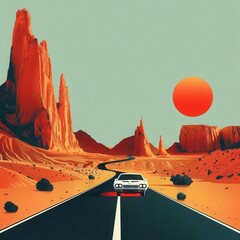 Fototapeta premium A vintage car drives through a vibrant desert landscape, with towering cliffs and a striking sun setting in the background.