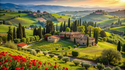 Serene panoramic view of lush green valley landscape featuring brick houses, rolling vineyards, groves, vibrant poppies, and majestic cypress trees in warm sunny surroundings.