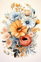 A vibrant floral arrangement featuring orange, white, and pink flowers with lush greenery, perfect for spring-themed projects.