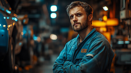 Fototapeta premium Focused mechanic in workshop attire, conveying expertise and dedication in an automotive setting.