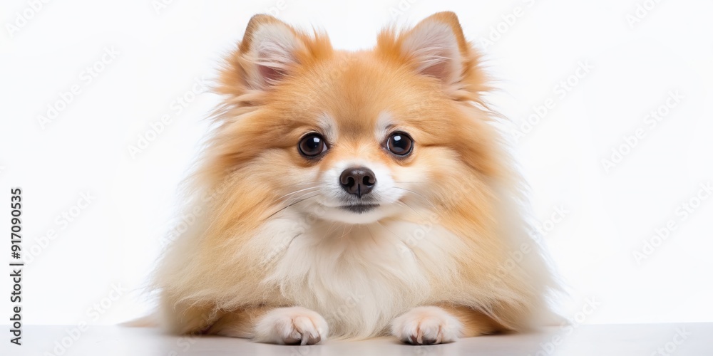 Wall mural Fluffy ravishing adorable pomeranian dog with bright curious eyes and cute furry coat posing on white isolated background in a charming endearing portrait.