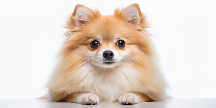 Fluffy ravishing adorable pomeranian dog with bright curious eyes and cute furry coat posing on white isolated background in a charming endearing portrait.