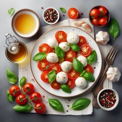 Generative AI  Fresh tomatoes, mozzarella, basil, garlic, and olive oil arranged on a white background, viewed from above.