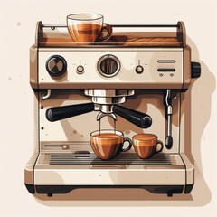 Stylish coffee machine brewing espresso with two cups, showcasing modern design and rich coffee aromas.