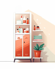 Stylish storage cabinet with organized household items, bright colors, and a touch of greenery for a fresh home aesthetic.