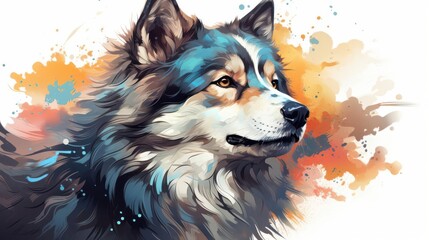 Animal portrait illustration, isolate, white background, flat design, side view, pet theme, water color, Complementary Color Scheme. wolf watercolor.