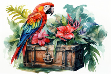 Vibrant parrot perched on a treasure chest surrounded by lush tropical flowers and greenery, showcasing nature's beauty.