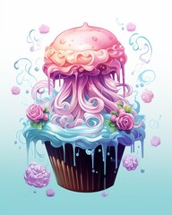 Whimsical cupcake design featuring a jellyfish and colorful decorations for playful and imaginative themes.