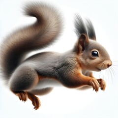Generative AI  A squirrel leaps through the air, showcasing its agility and playful nature against a clear blue sky.