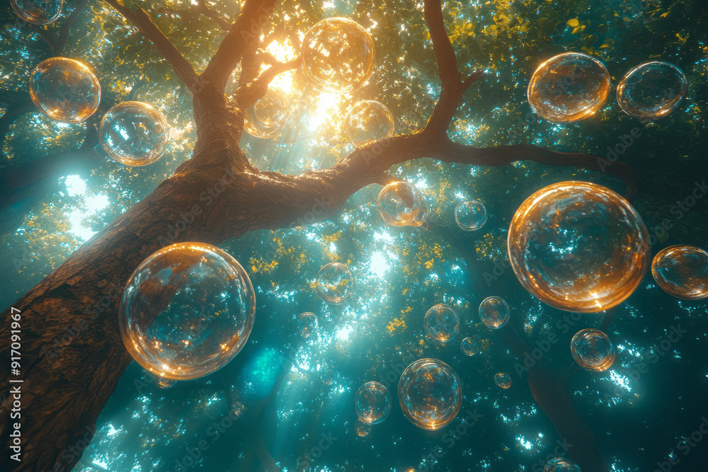 Poster a tree with branches that twist into bubble formations, creating a canopy of floating spheres,