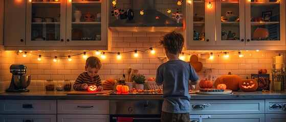 A festive kitchen with Halloween lights above the cabinets, a mask-making station on the counter, and kids playing a Halloween memory game