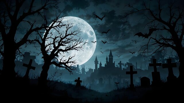 Cemetery graveyard to the castle Bats on a dead tree and a full moon on a spooky, terrifying night. Halloween banner background idea for a holiday event.