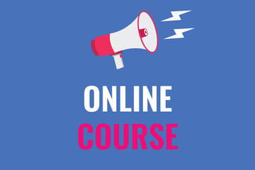 online course button, banner, label, template for website. online course text with colorful megaphone icon
