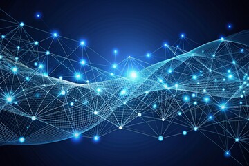 Intricate wave of dots and woven lines floats on a dark blue abstract background, evoking the vastness and complexity of cyberspace and data transmission.